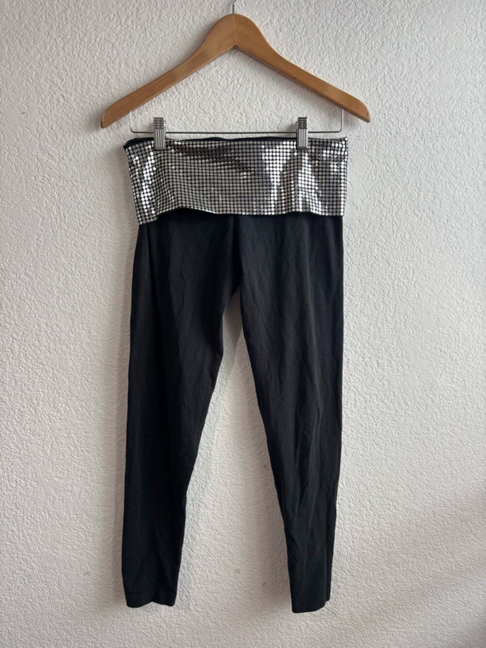 PINK Victoria’s Secret Yoga Leggings Silver Sequin Foldover Waist Small